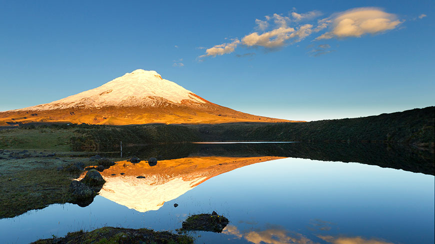 The snow-capped Cotopaxi volcano in Ecuador is reflected in a still lake at sunrise, under a clear blue sky.