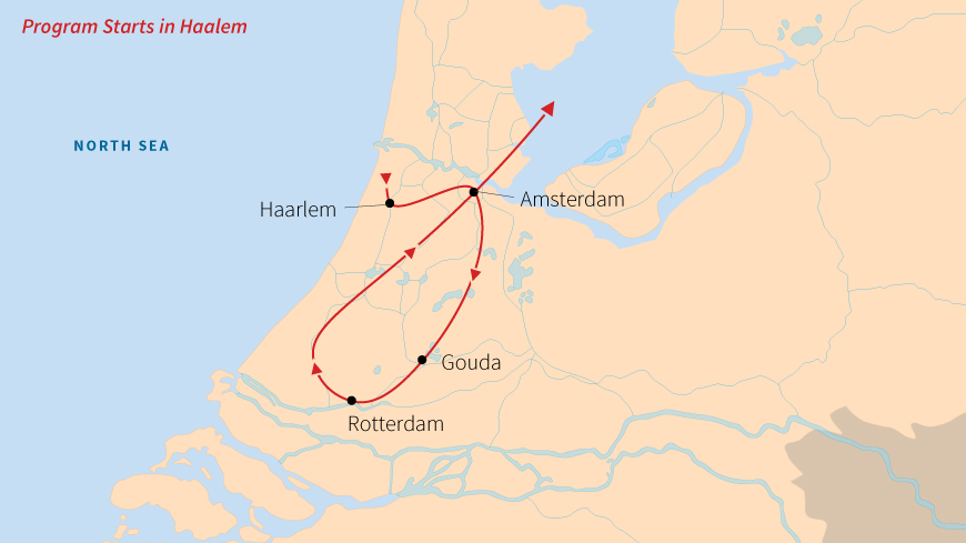 A map of the riverboat tour in the Netherlands, showing the route from Haarlem to Amsterdam, Gouda, and Rotterdam.