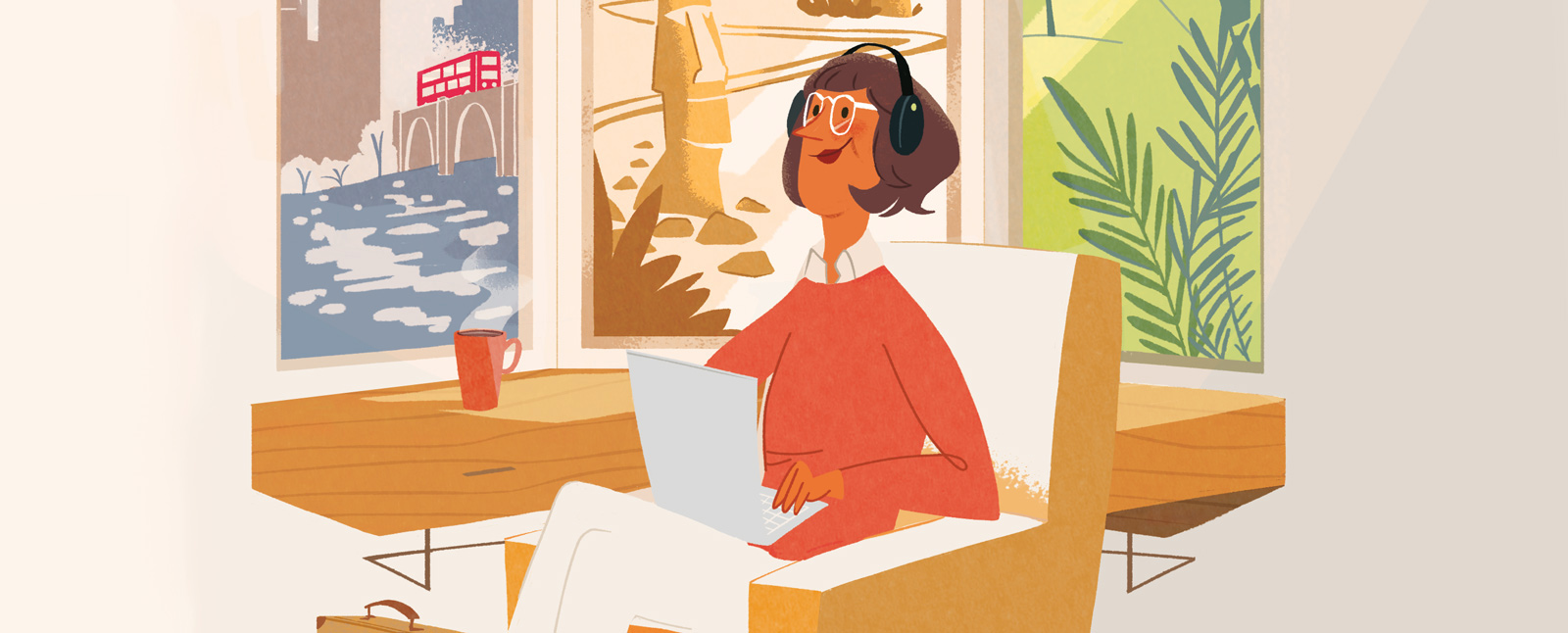 Illustration of a woman with headphones and a laptop listening to an RS lecture collection while sitting in a chair near a window.