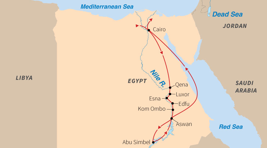 A map of Egypt showing a tour route along the Nile River, starting in Cairo and traveling south to Abu Simbel and back.