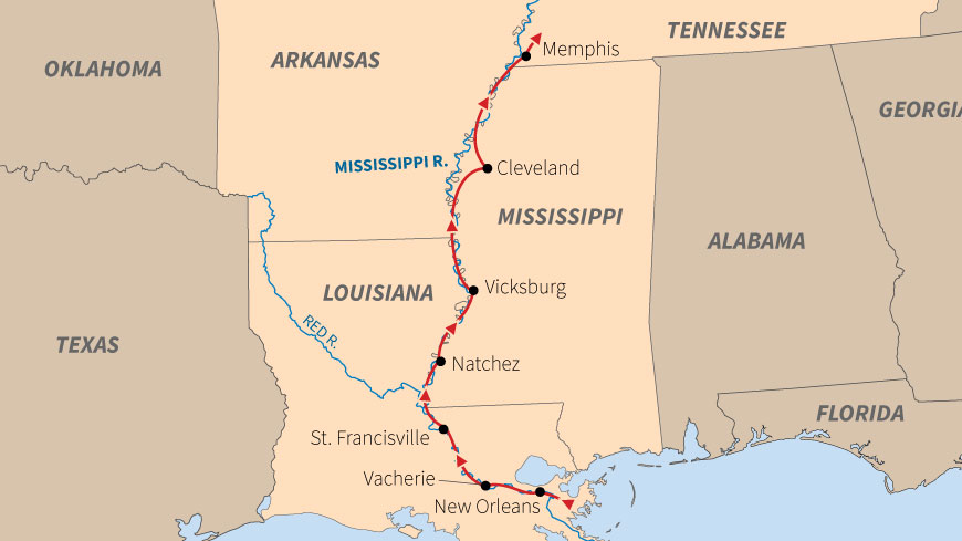 A map of a Mississippi River cruise route from New Orleans, Louisiana to Memphis, Tennessee, with stops in Mississippi.