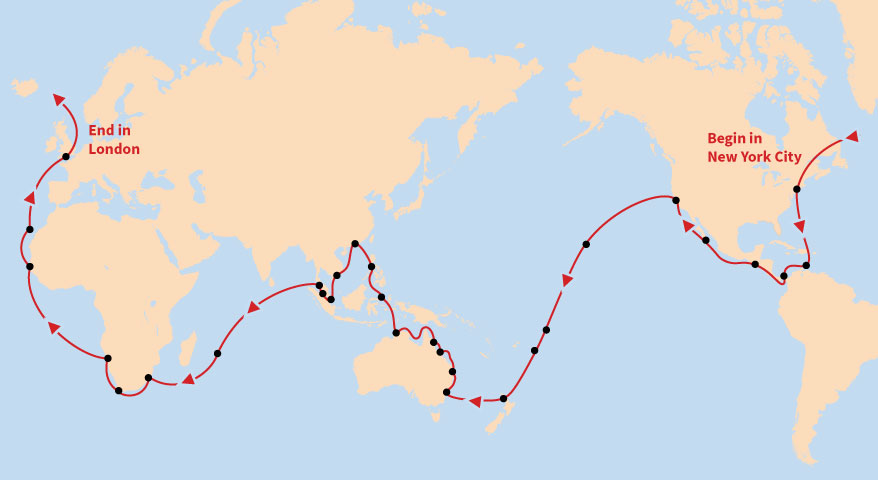 A world map traces a ship's journey starting in New York City and circumnavigating the globe to end in London.