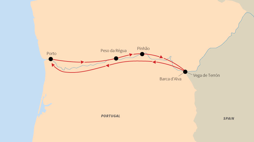 Map of the Douro River cruise route in Portugal, from Porto to Vega de Terrón near the Spanish border.