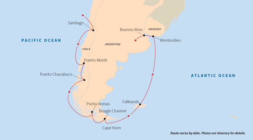 Map of a cruise route around the southern tip of South America, showing stops in Chile and Argentina.