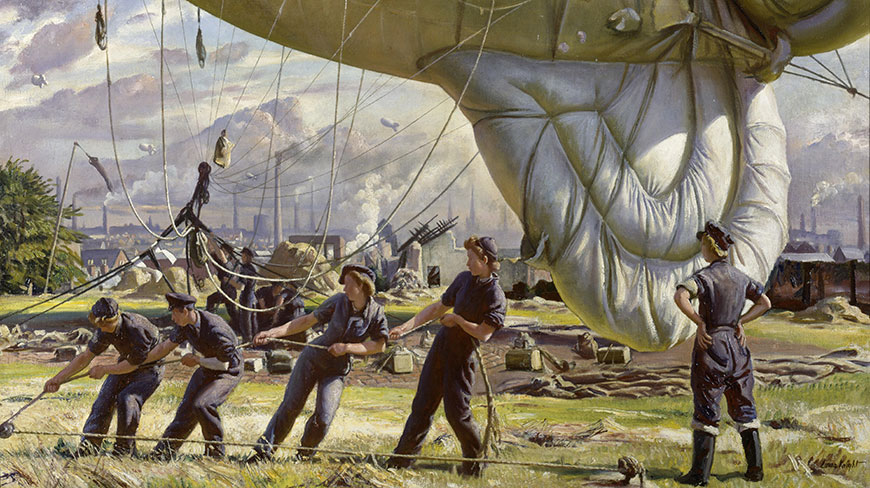A painting of several women in uniform holding down a large barrage balloon in a field in Coventry.
