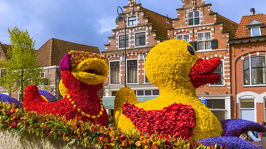 A colorful flower parade float in Haarlem, Netherlands, features large ducks made of yellow and red flowers in front of traditional Dutch buildings.