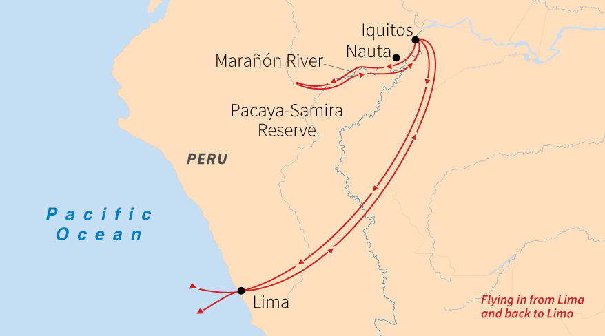 A map of Peru shows a riverboat tour route from Lima to the Amazon rainforest, including Iquitos, the Marañón River, and Pacaya-Samira Reserve.