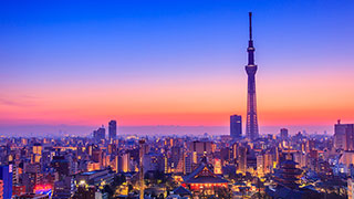 The Tokyo, Japan skyline glows at sunset, with the illuminated Tokyo Skytree rising high above the sprawling city.