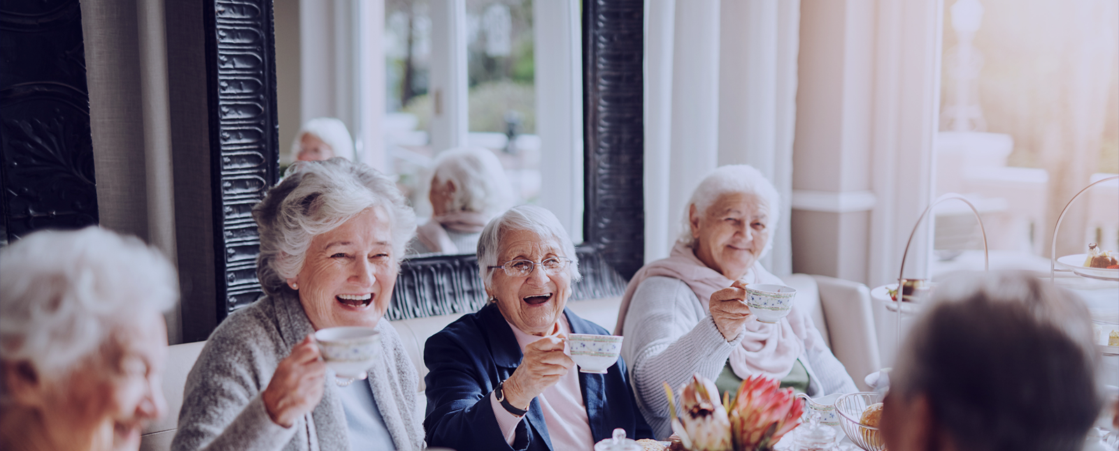 A group of senior women laugh together while enjoying tea and conversation in a brightly lit, elegant room.